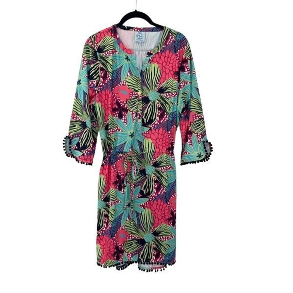 Tracy Negoshian Womens Floral Pompom Trim 3/4 Sleeve Tiana Dress Blooming Large
